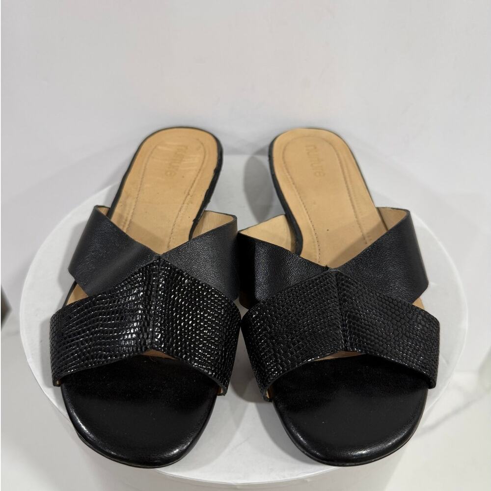 Black Leather Slide Sandals Nurture Lizard Embossed Strappy Comfort Womens 6M